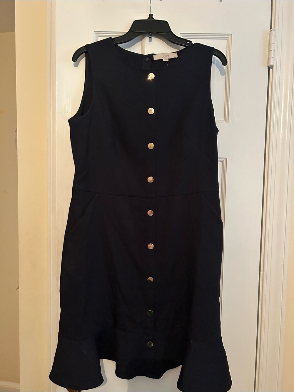 LOFT Navy Sleeveless Button-Front Dress with Ruffle Hem